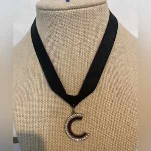 Black Velvet Choker Necklace with C initial Pendant 18" L